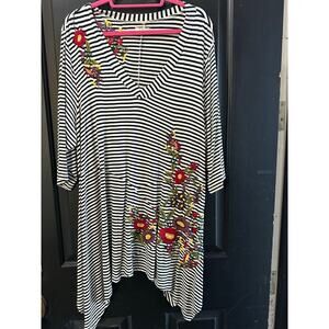 Caite White & Black Striped Floral Embroidery Tunic Mini Dress Size 2X